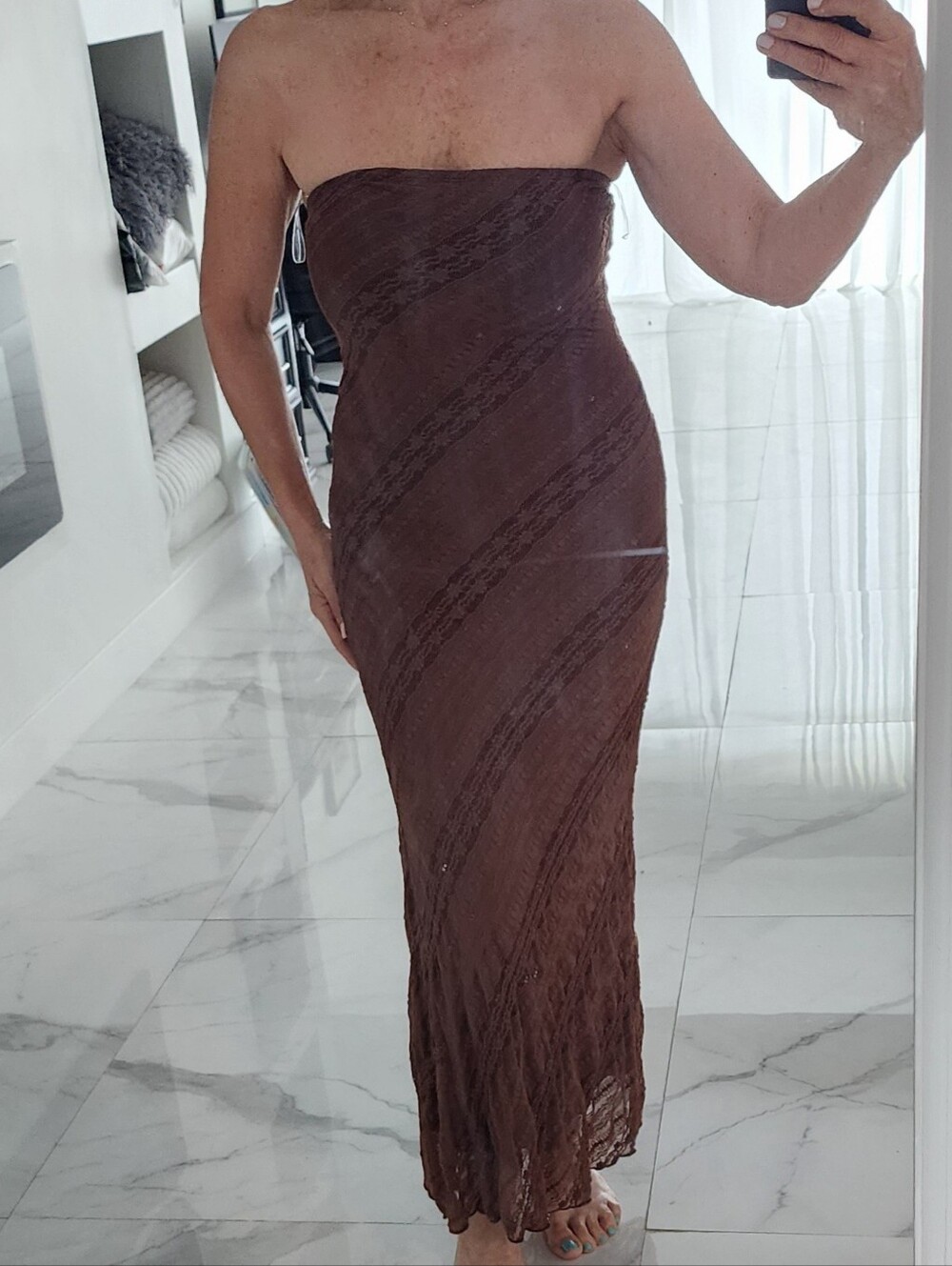 Strapless Brown Lace Maxi Dress